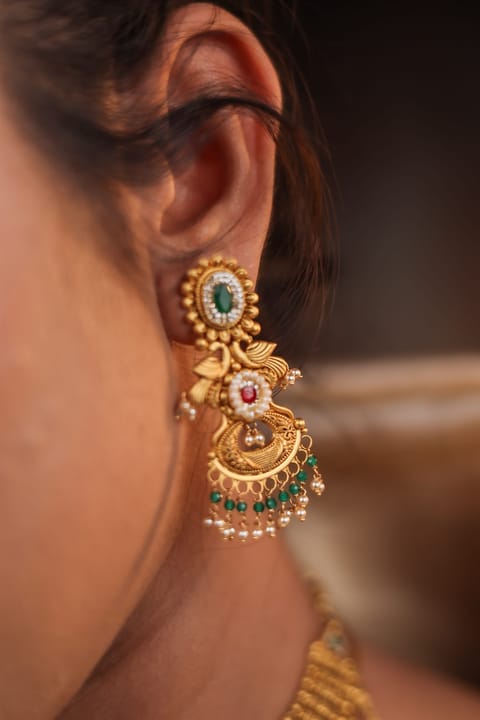 Gold jhumka butti with emerald, ruby and pearl drops at Shree Jewels, Porbandar