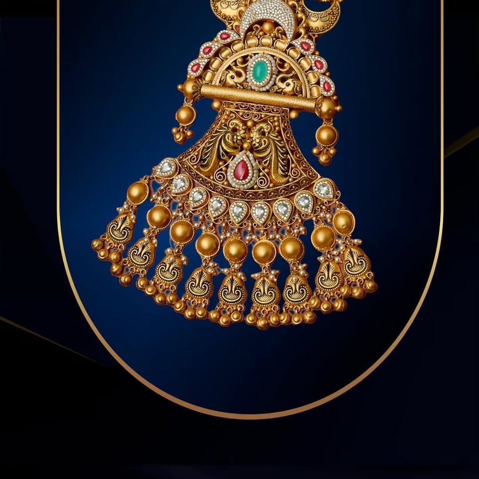 Antique gold peacock pendant with kundan and pearl drops, Shree Jewels Porbandar